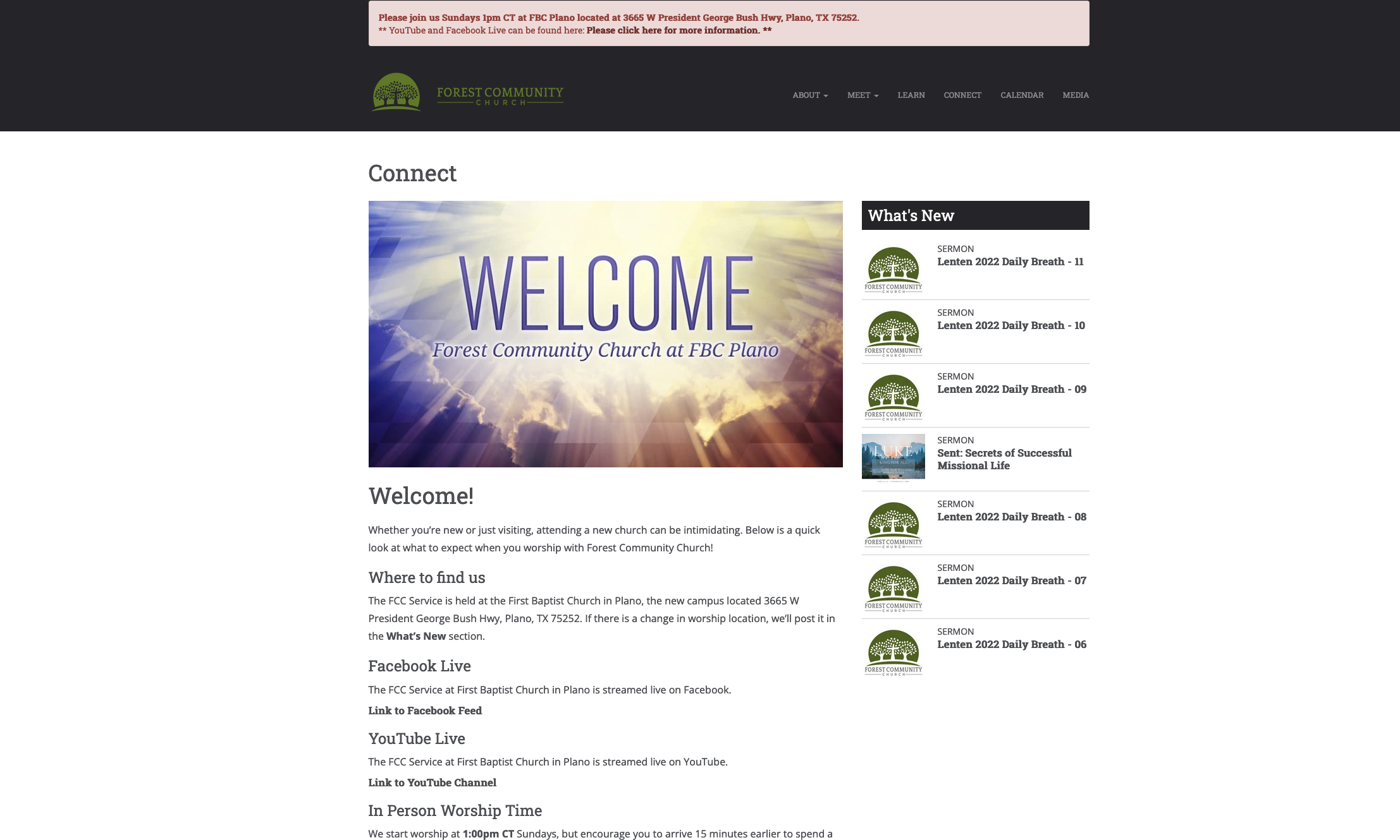Screenshot-2023-04-18-at-14.38.50 A screenshot of the "Connect" page shows a banner image of sunbeams shining behind clouds with text that reads "Welcome." Below is information about the church. On the right side of the page is a list of links to recent sermons.